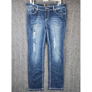E-Line Jeans USA Straight Leg Women 34 Blue Rhinestone Embellished Distressed